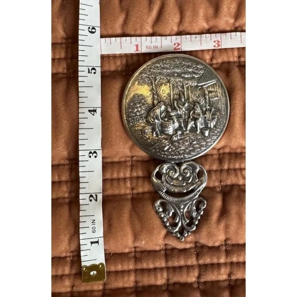 Vintage Hans Jensen of Denmark Pewter Hand Mirror Colonial Scene